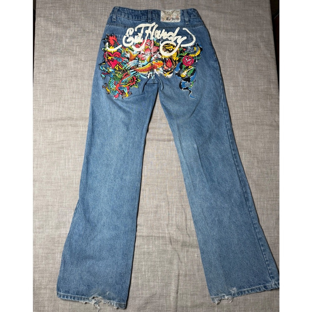 Ed Hardy Denim Women 24 Blue Flare Jeans Tattoo Graphic Tiger Dragon WEHDB100-3 - Picture 10 of 16